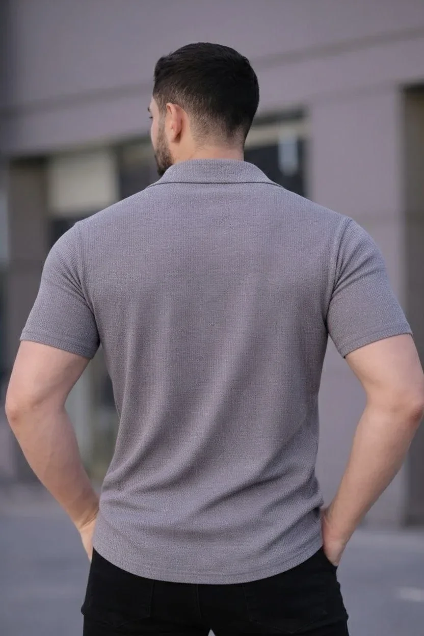 Erkek Waffle Kumaş Kısa Kollu Düğmeli Açık Yaka Regular Fit Gömlek - Gri