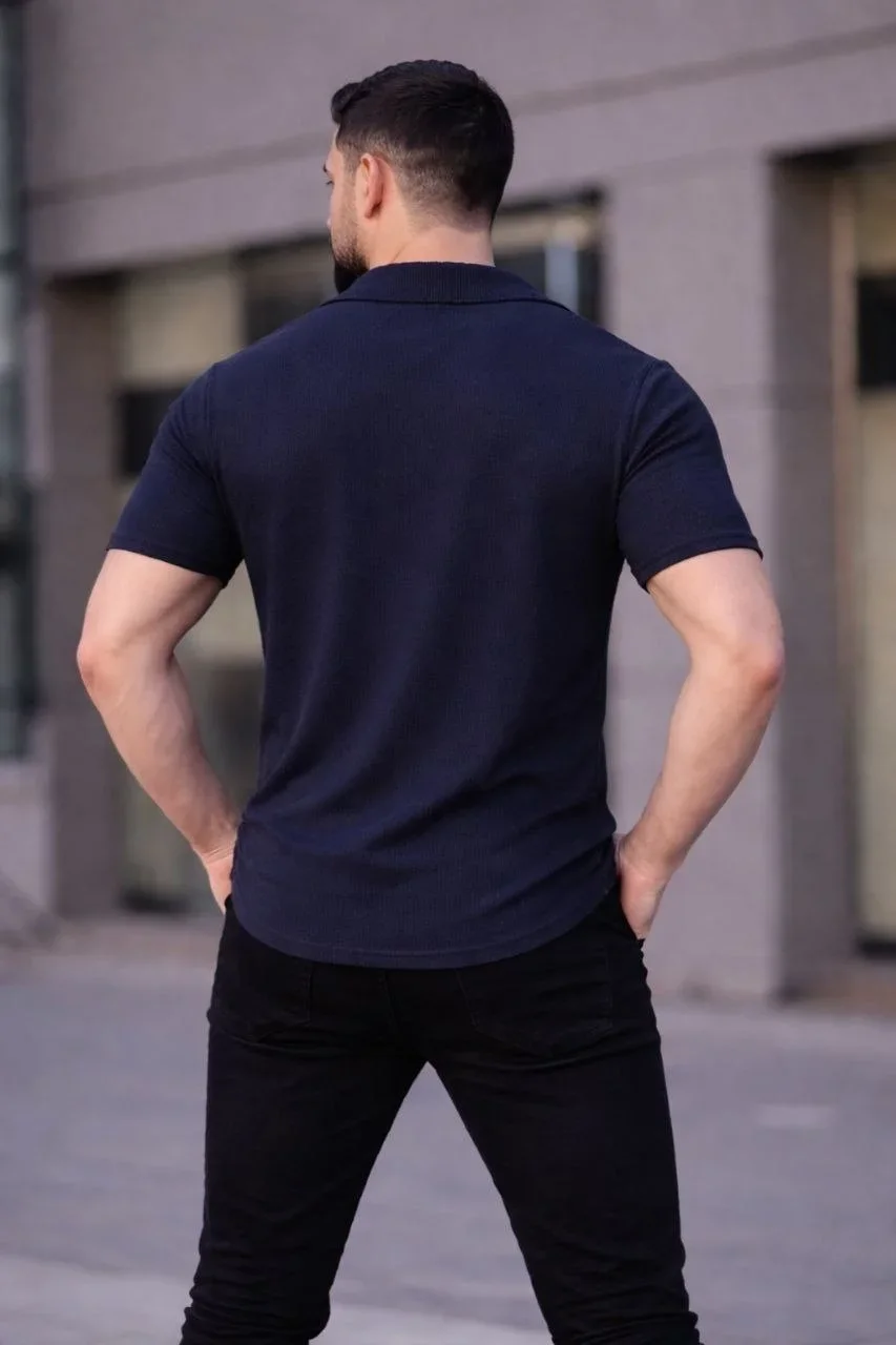 Erkek Waffle Kumaş Kısa Kollu Düğmeli Açık Yaka Regular Fit Gömlek - Lacivert