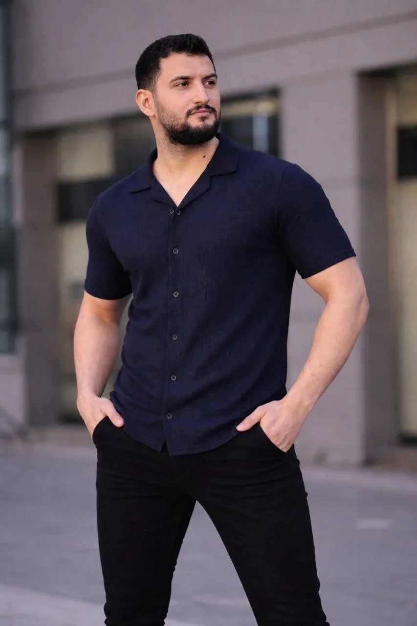 Erkek Waffle Kumaş Kısa Kollu Düğmeli Açık Yaka Regular Fit Gömlek - Lacivert