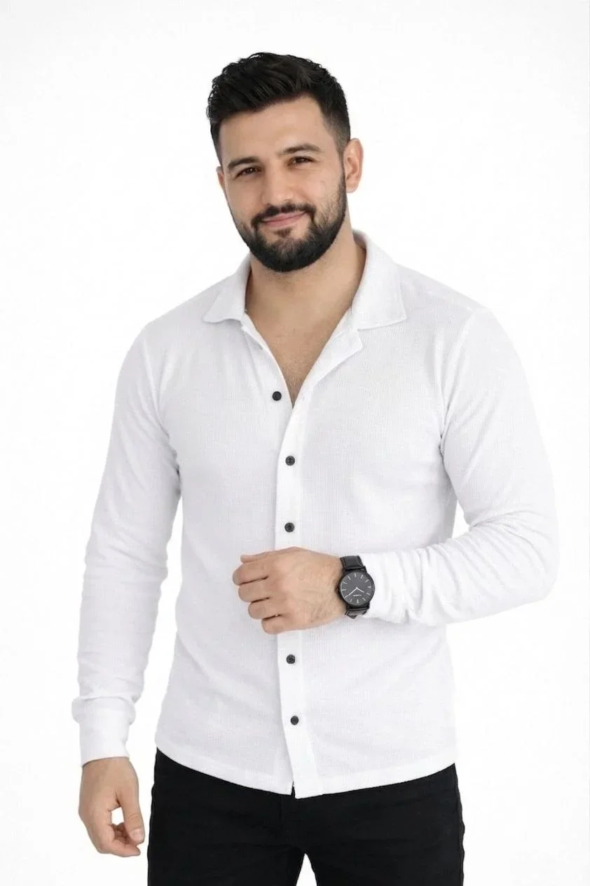 Erkek Waffle Kumaş Uzun Kollu Düğmeli Açık Yaka Regular Fit Gömlek - Beyaz