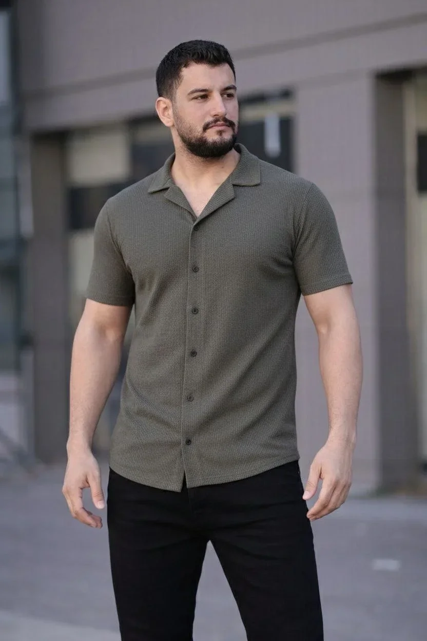 Erkek Waffle Kumaş Kısa Kollu Düğmeli Açık Yaka Regular Fit Gömlek - Haki