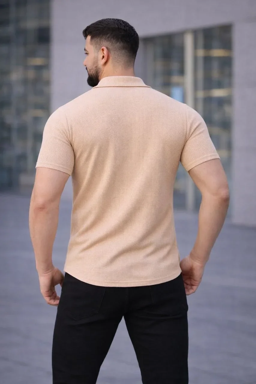 Erkek Waffle Kumaş Kısa Kollu Düğmeli Açık Yaka Regular Fit Gömlek - Bej